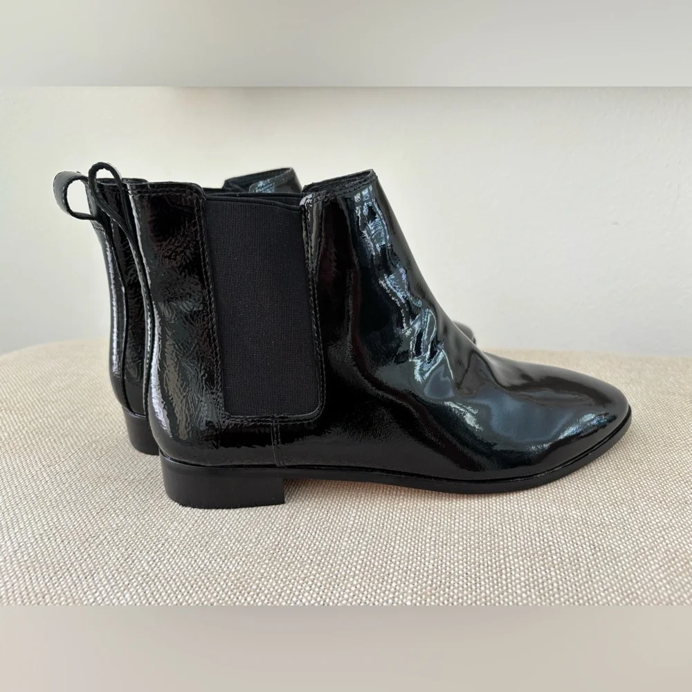 J Crew Patent Leather Booties NWOT Chelsea Pull-On Black Crinkled 7.5